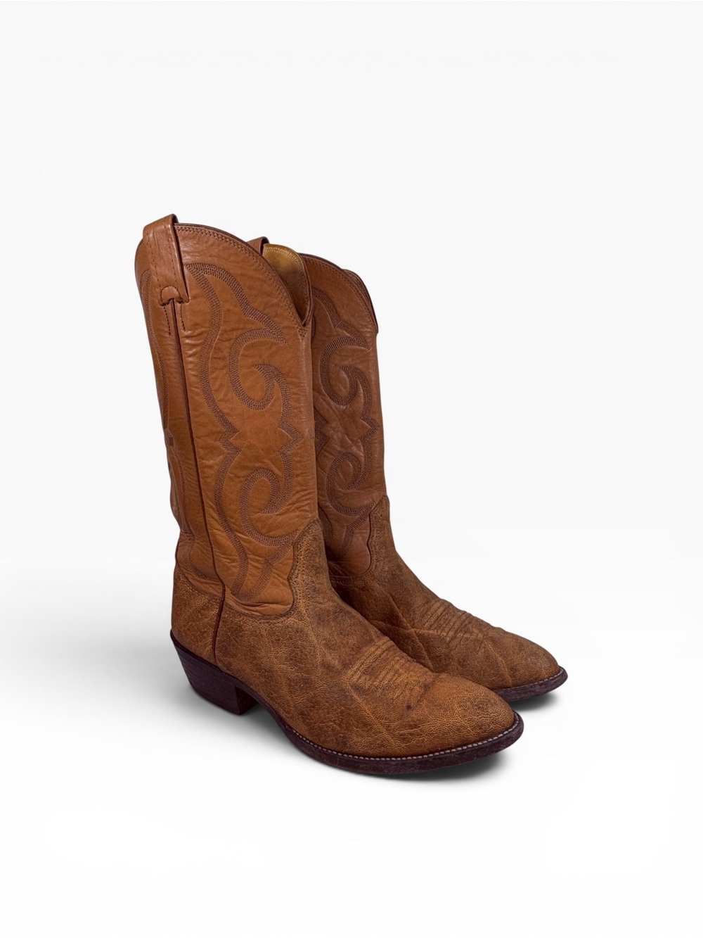 VTG Nocona Elephant Skin Antique Cognac Cowboy Boots 9D USA 1990s Exotic